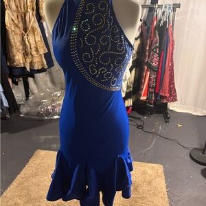 Swayanddance brand. Elegant Blue Halter Dress with Rhinestone Detail